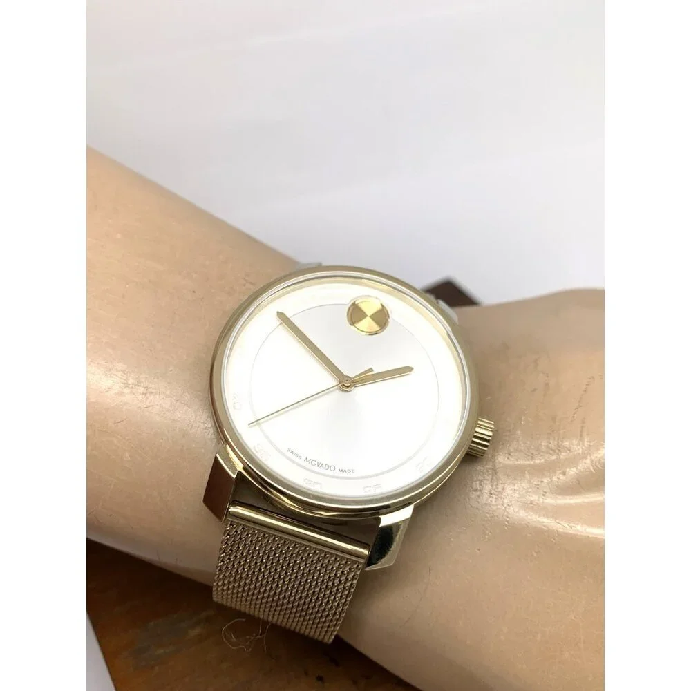 Movado Mens Watch 3601077 Bold White Dial Swiss Quartz Gold Steel 41mm Mesh Band